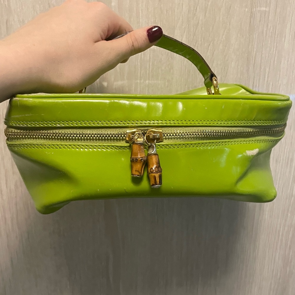 Authentic Gucci Patent Leather Lime Green Makeup Toiletry Case Handbag Bamboo
